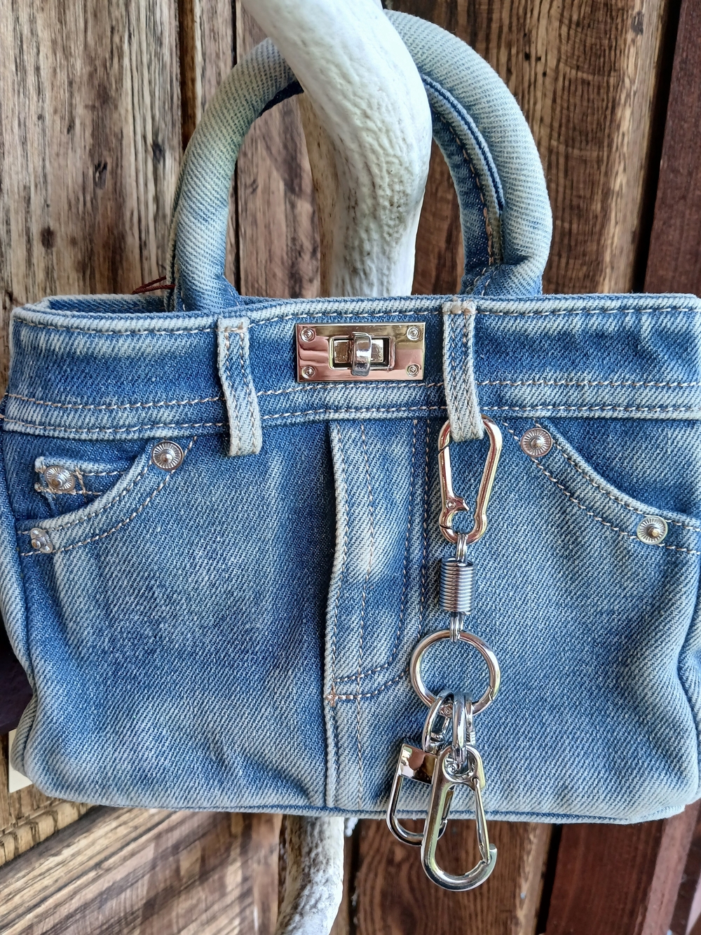 ZJMK Brand Deconstred Denim Mini Tote Bag Silver Hardware Lock Key Handbag